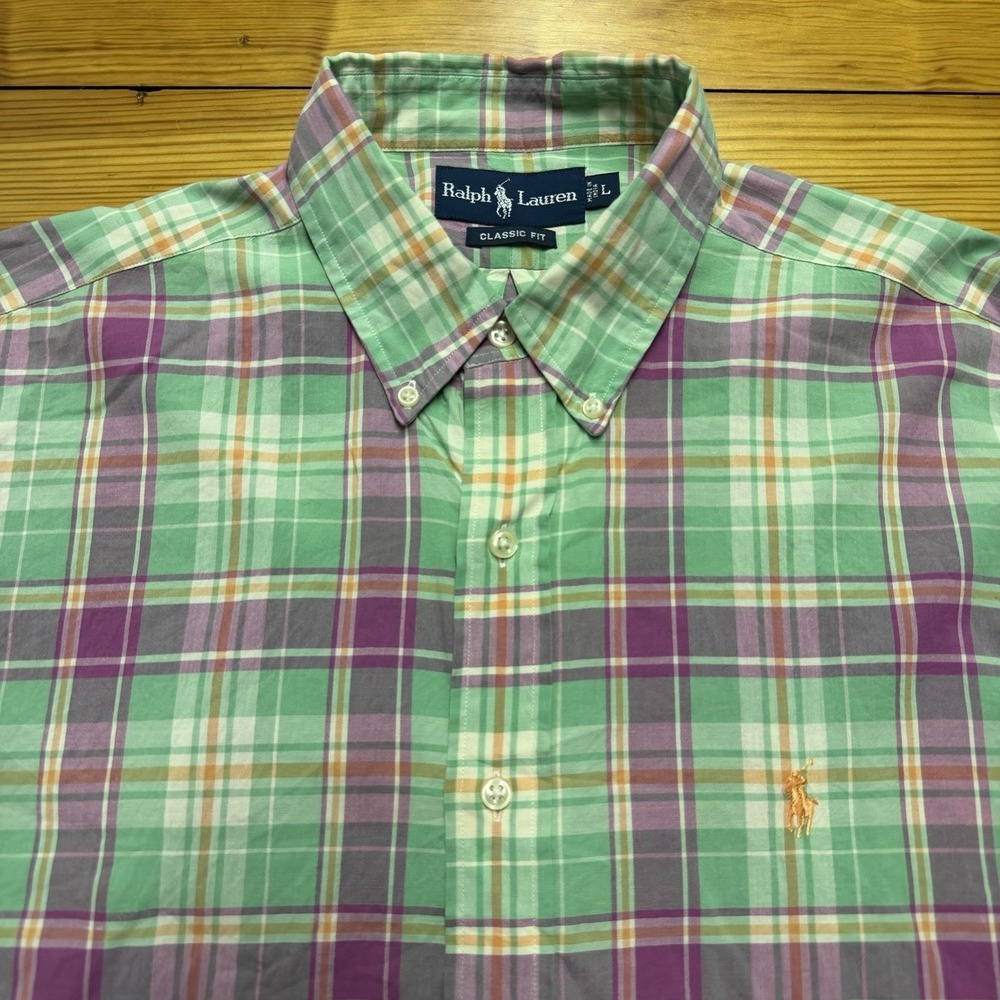RALPH LAUREN Shirt Mens L Classic Fit Green Pink Plaid Button Up Orange Pony